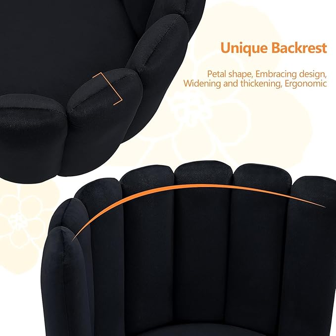 CLIPOP Living Room Barrel Accent Chair Modern Velvet Kitchen Dining Chair Vanity Chair with Metal Leg Scalloped Silhouette Cozy and Soft Padded Armless Leisure Makeup Chair for Bedroom Black