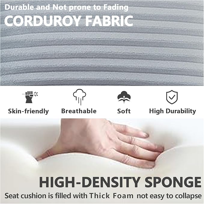 45 Oversized Round Chair Boneless Reading Chair with Comfy Pillow for Living Room Circle Cloud Chair for AdultsCorduroy Memory Foam Large Seat No Assembly Required (Grey)