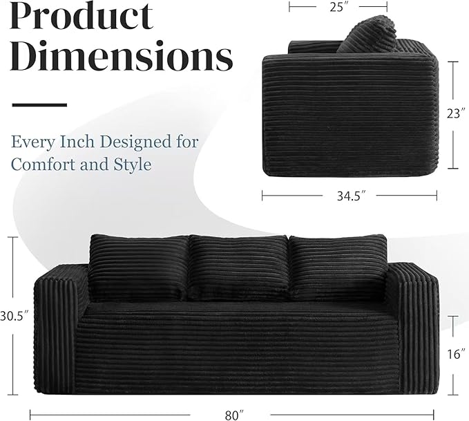 Cloud Sofa Couch in a Box Small Boneless Couch for Living Room Compressed Cloud Boneless Sofa with Memory Foam Modern Corduroy Loveseat 3 Seater Black