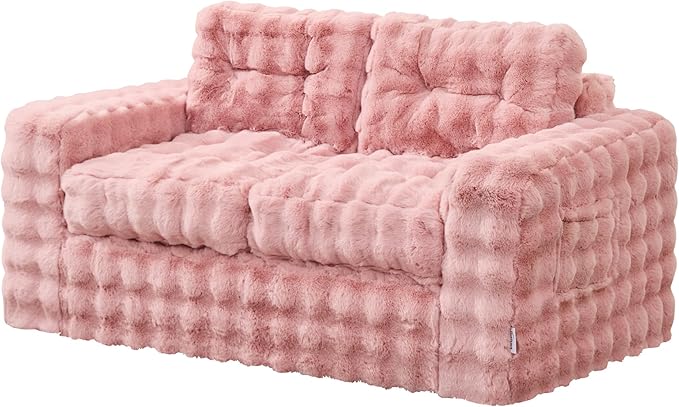 Hobestluk Sofa Couch Loveseat Sofa with Bubble Fabric 2-Seater Sofa for Small Spaces Comfortable Foam Floor Sofa 2 in 1 Boneless Couch for Living Room Bedroom Apartment or Office (Pink Loveseat)