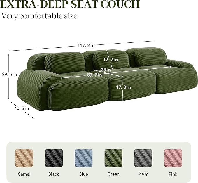 Boneless Sectional Couch No Assembly Required 117.3” Modular Cloud Sofa with Pillow Deep Seat Corduroy Couch for Living Room Bedroom Office Apartment