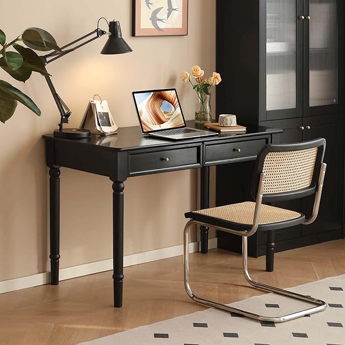 Solid Wood Computer Desk with Double Drawers Black Vintage Rubber Wood Writing Desk for Home Office 47.2