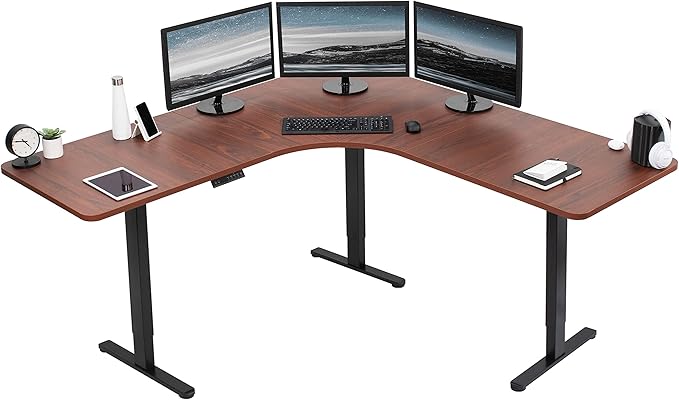 VIVO Electric Height Adjustable 71 x 71 inch Curved Corner Stand Up Desk Dark Walnut Table Top Black Frame Memory Controller L-Shaped Workstation E3C Series DESK-KIT-E3CBD