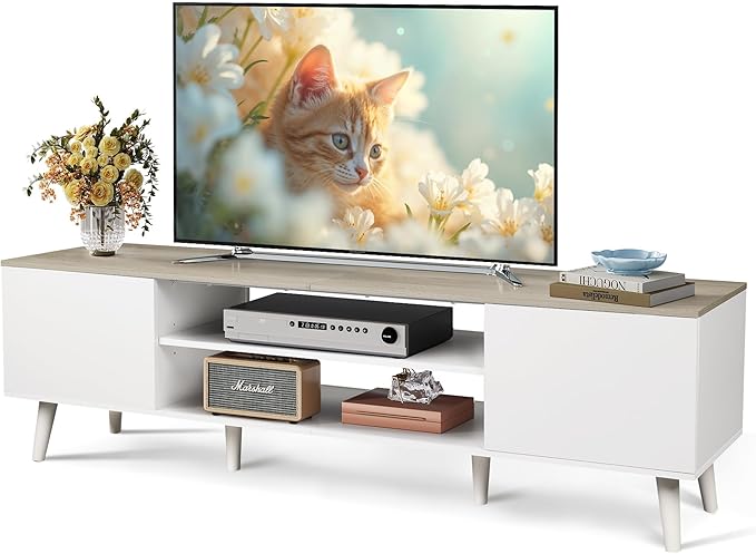 WLIVE Mid-Century Modern TV Stand for 65 70 Inch TV Entertainment Center with Storage Adjustable Shelves &amp Soft-Close Media TV Console for Living Room/Bedroom Greige White
