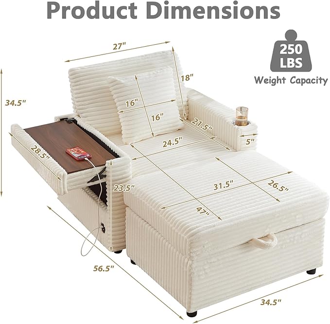 Chaise Lounge Chair Indoor with Ottoman Corduroy Sofa Bed with Table Board USB Ports Cup Holder &amp Pillow Boneless Chaise Lounge for Storage Space Living Room Bedroom Apartment (White)