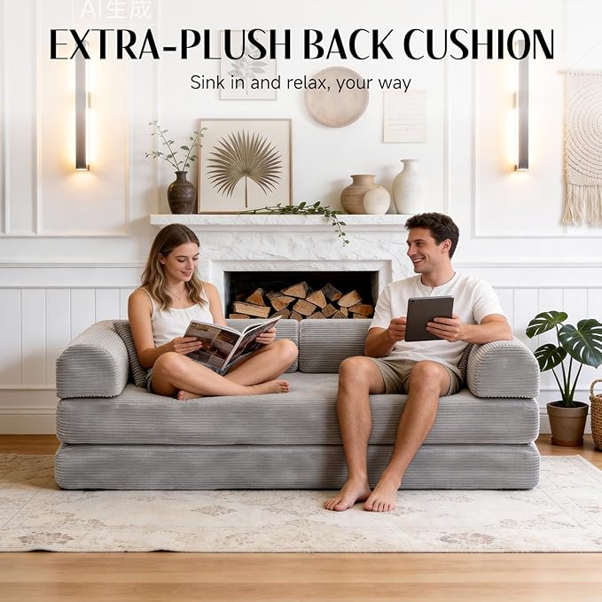 79 Corduroy Sofa Bed Boneless Couch in a Box with 2 Pillows High-Density Foam 4-in-1 Foldable Sleeper Futon Loveseat for Small Spaces No Assembly Side Pockets Light Grey