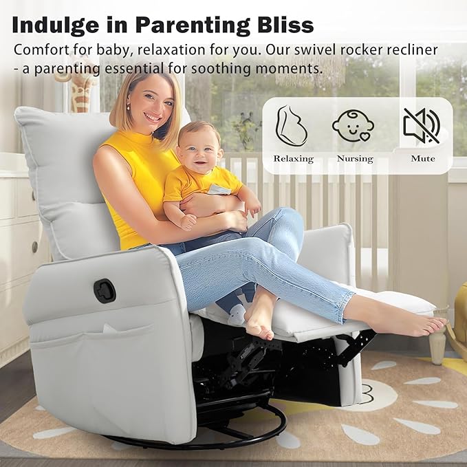 cinehome Swivel Rocker Recliner Small Rocker Recliner Chairs for Adults Overstuffed Faux Leather Manual Recliner Glider Recliner 360 Swivel Recliner Chair for Living Room