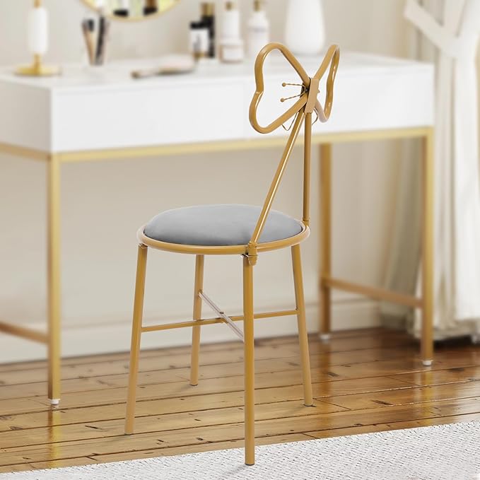 Modern Vanity Chair StoolCute Makeup Chair w/Butterfly BackrestGirl's Stool Ottoman BenchMetal Bench Legs Gold Dining ChairBow Knot Design Seat for Bedroom Living Room (Grey Velvet)