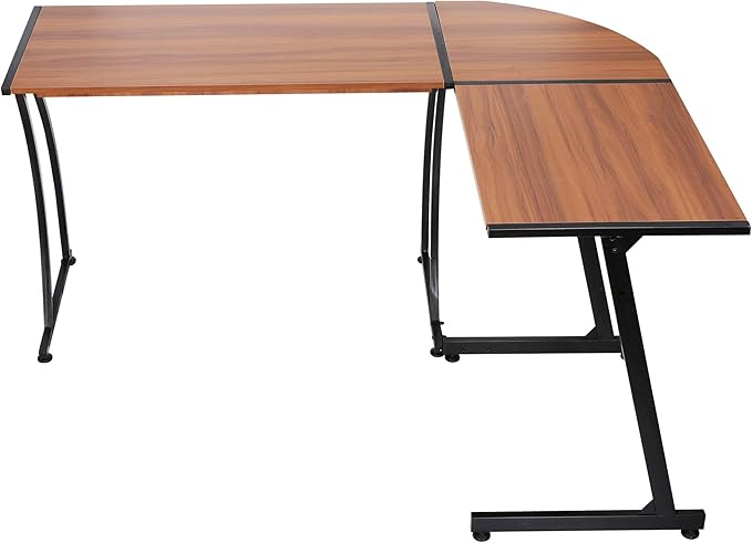 Modern L-Shaped Home Office Desk with Round Corner Computer Desk Gaming Writing PC Laptop Workstation with Solid Steel Frame Desktop (Walnut)
