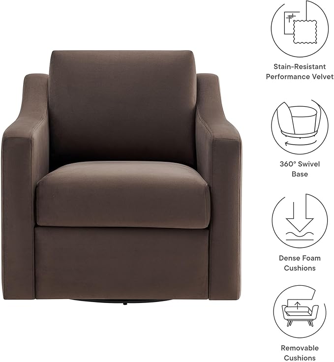 Modway Liora Performance Velvet Swivel Accent Chair in Chocolate Comfortable Stain-Resistant Velvet Armchair with Curved Armrests for Living Room Bedroom Reading Nook