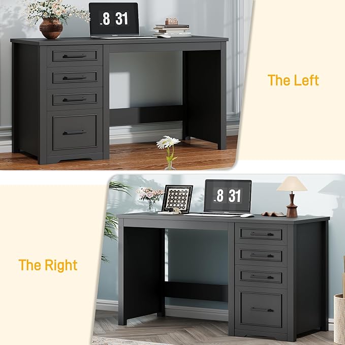 Vabches Farmhouse 49” Executive Desk with File Drawer 4 Drawers Reversible Computer Desk with Storage Rustic Home Writing Workstation for Home Office.Black