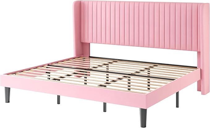 SHA CERLIN King Size Velvet Bed Frame with Vertical Channel Tufted Wingback Headboard Upholstered Platform Bed with Wood Slats No Box Spring Needed Easy Assembly Pink
