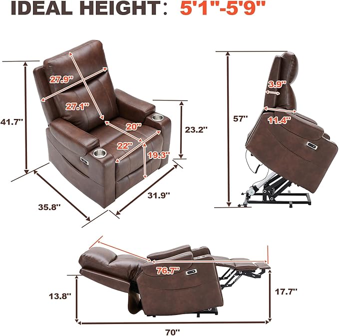 Triple Motor Power Lift Recliner Chair with Adjustable Lumbar Support Lay Flat Recliner for Elderly Breathable Brown Leather Recliner Lift Chair Massage &amp Heating USB Ports Cup Holders