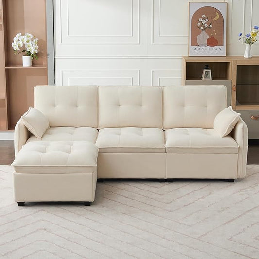 98 L Shaped Couch Modular Sectional Sofa Comfy Cloud Couch with Movable Ottoman 3 Seater Chenille Sleeper Deep Seat Sofa with Throw Pillows for Living Room Office (Beige 3-seat)