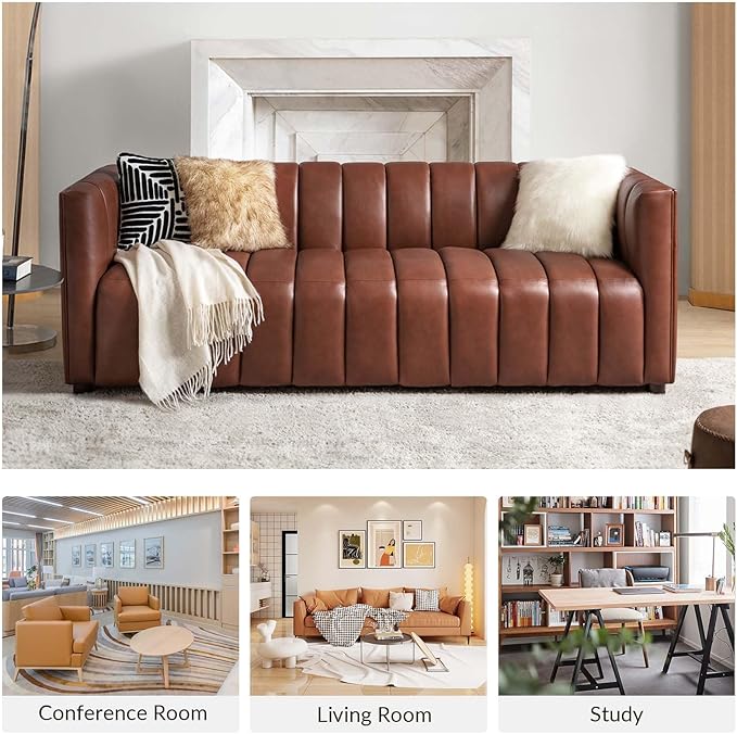 HULALA HOME 83 Genuine Leather Sofa with Channel Tufted Design 3-Seater Sofa for Living Room Bedroom Modern Oversized Couch with Wood Legs Brown