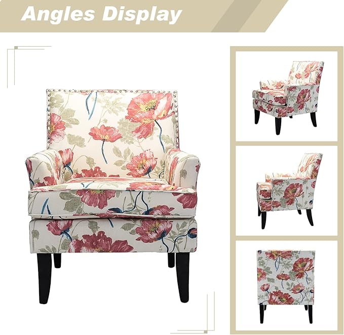 HULALA HOME Modern Accent Chair with Arms and Wooden Legs Mid Century Accent Chair Armchair High Back Rest Padded Armrest and Comfortable Cushioned Seat for Living Room (Red Yellow Floral)