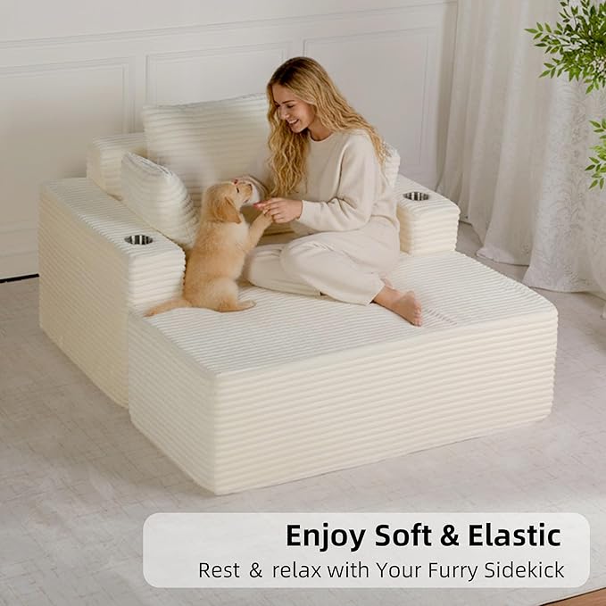 54W Oversized Chaise Lounge Chair Indoor Boneless Chaise Lounge Couch Convertible Comfy Reading Chairs Corduroy Sleeper Chair Couches for Living Room Compression Sofa with Ottoman Beige