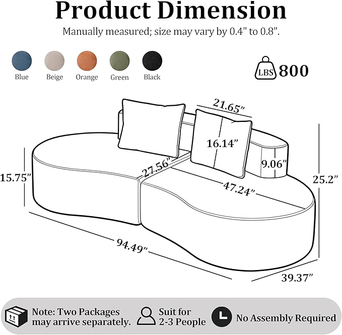 94.5'' Curved Modular Sectional Long Sofa Modern Cloud Boneless Deep Seat Couch in a Box Plush Chenille Compressed Upholstered Lounge Sofa for Living Room No Assembly Required Blue 2 Pillows