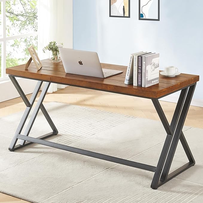 Solid Wood Computer Desk Modern Real Wood Home Office Desk Long Rustic Farmhouse Natural Wood Writing Desk Executive Workstation PC Desk Table for Living Room Bedroom Brown 55 inch
