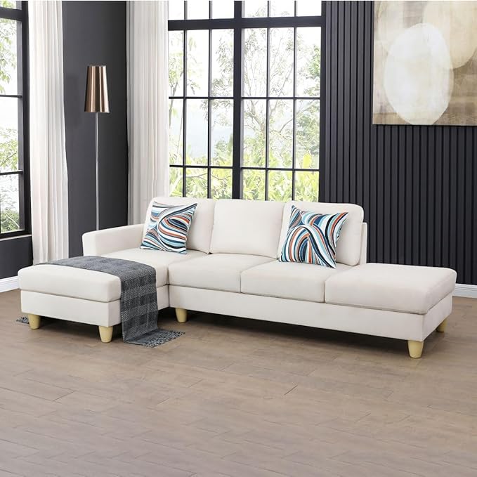 L Shape 2-Piece Home Modular Sectional Sofa Comfy Cozy Corner Sofas Small Fabric Couch with Pillow for Modern Living Room/Bedroom/Office/Apartment Beige Lint