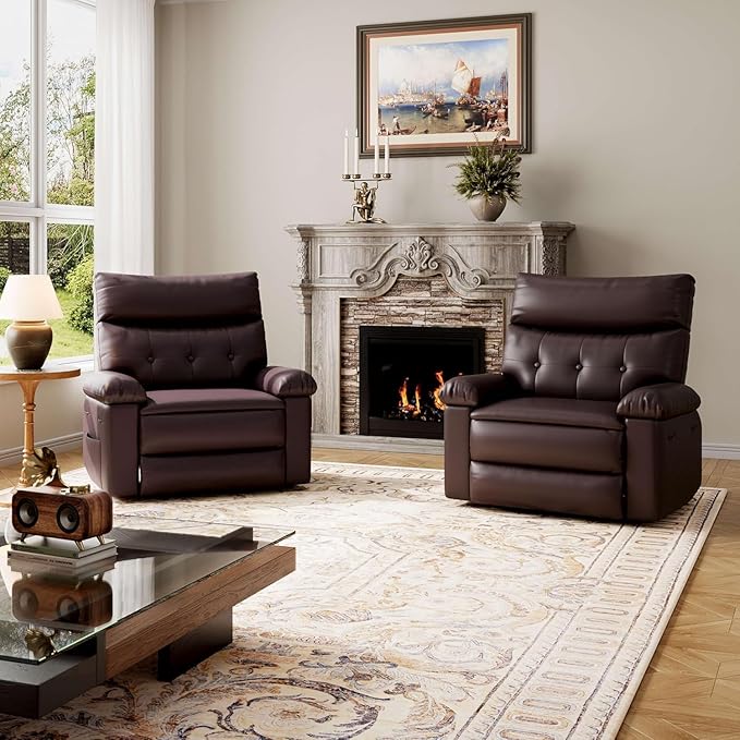 Oversized Wide Rocker Swivel Recliner Chair PU Leather Manual Recliner for Adults Large Nursery Glider Chair with Comfortable Arms &amp Back for Living Room Bedroom Coffee