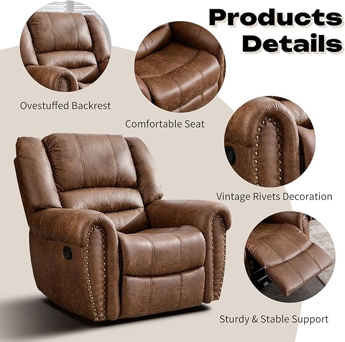 CANMOV Rocker Recliner Chair Leather Recliner Chair with Overstuffed Backrest and Armrests Manual Single Sofa for Living RoomBedroom Nut Brown