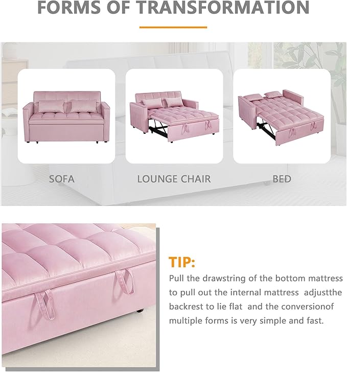 54 Convertible Sofa Bed Velvet Sleeper Sofa with Pull-Out Bed 3-in-1 Futon Couch with Reclining Backrest and Side Pocket Modern Loveseat for Living Room (Pink)