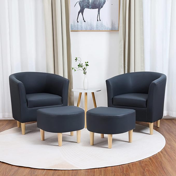 DAZONE Leather Chair Accent Chair Mid Century Modern with Ottoman Faux Barrel Comfy Armchair Upholstered Club Tub Round Arms for Living Room Bedroom Reading Navy Blue Set of 1