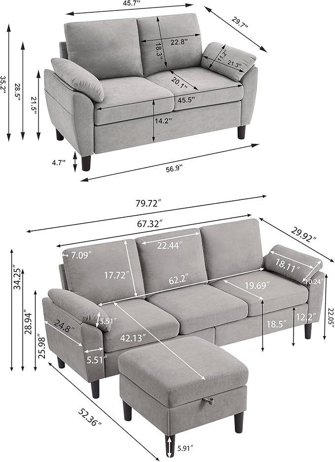 Convertible Sectional Sofa Set Modern L Shaped 3 Seat Sofa with Reversible Chaise and Love Seat Sofa Linen Sectional Couches for Living Room Light Grey
