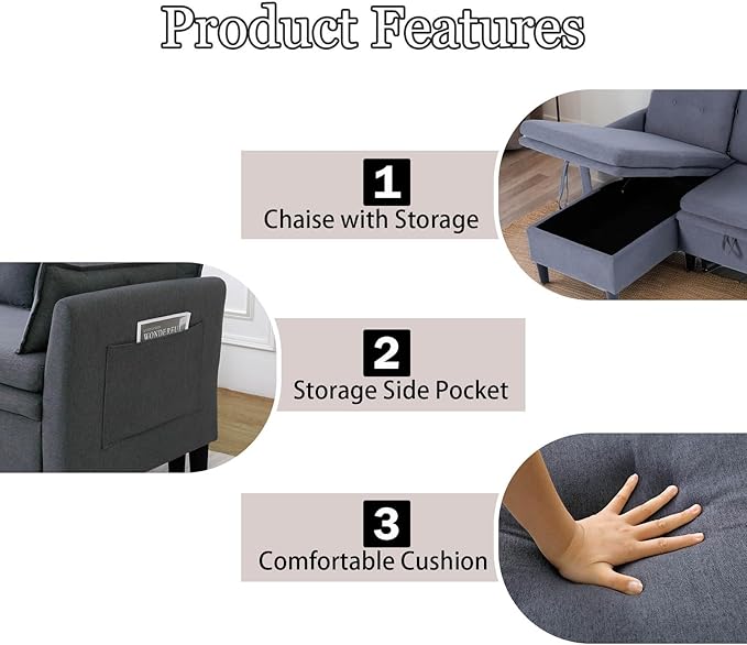 78 L-Shaped Sleeper Sofa Bed Couch 3-Seater Reversible Pull Out Couch Bed with Storage Chaise Lounge Cotton-Linen Pullout Sofabed Sectional Couches for Living Room Apartment Dark Grey