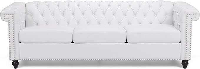 GDF Studio Tufted Chesterfield Faux Leather 3 Seater Sofa White and Dark Brown