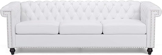GDF Studio Tufted Chesterfield Faux Leather 3 Seater Sofa White and Dark Brown