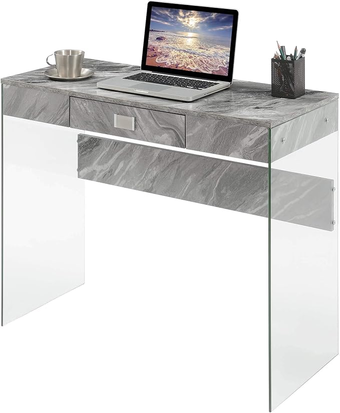 Convenience Concepts SoHo 1 Drawer Glass 36 inch Desk Gray Faux Marble/Glass