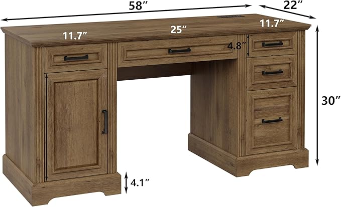 Furniouse 58 Executive Desk Farmhouse Computer Desk with Drawers and Cabinet with Charging Station Wooden Home Office Desk Workspace for Work &amp Writing Brown