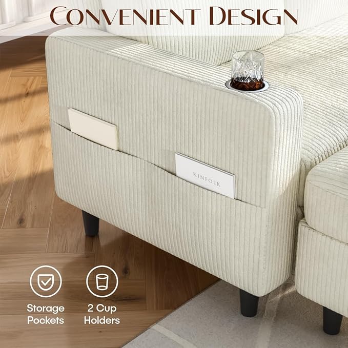 Convertible Sectional Couches for Living Room 3 Seats L Shaped Sofa with Storage Ottoman and 2 Cup Holders Modern Corduroy Couch Small Sofas for Small Space Apartment Office Beige
