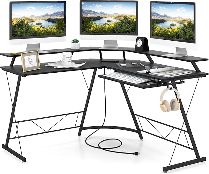 Giantex L Shaped Computer Desk with Power Outlet 51 Corner Computer Desk with Monitor Stand and Reversible Keyboard Tray Modern Gaming Desk with Hook Home Office Desk Workstation (Black)