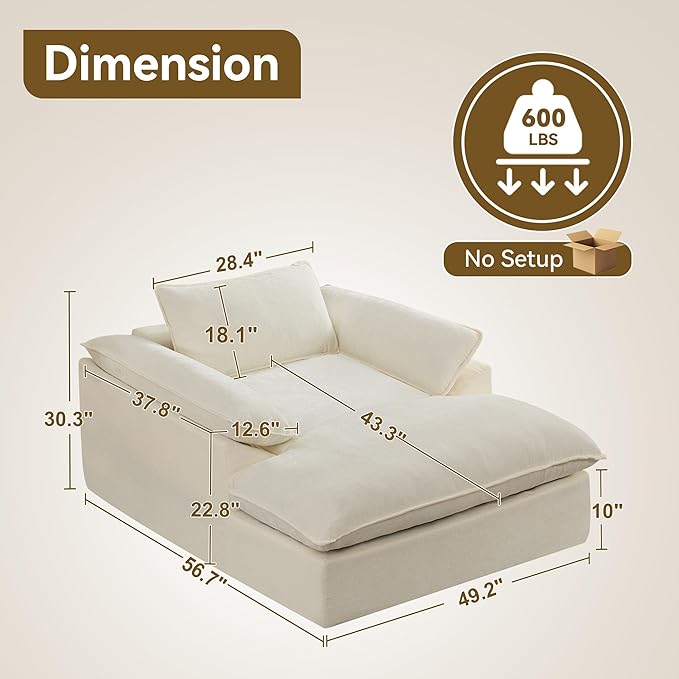 57 Oversized Boneless Chaise Lounge Chair with Ottoman Indoor Comfy Chenille Upholstered Sofa Bed with Armrest No Assembly Deep Seat Sleeper Armchairs Couch for Living Room Bedroom Beige