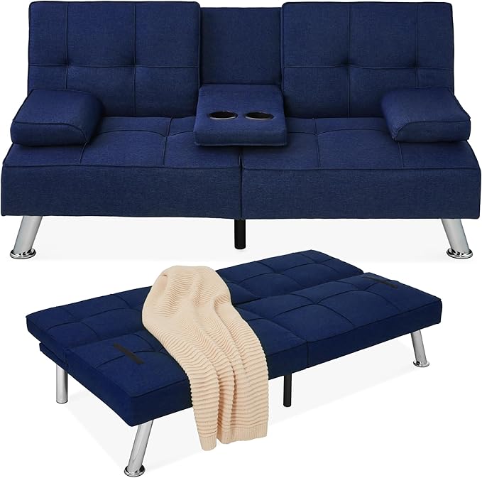 Best Choice Products Linen Modern Folding Futon Reclining Sofa Bed for Apartment Dorm w/Removable Armrests 2 Cupholders - Dark Blue