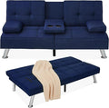 Best Choice Products Linen Modern Folding Futon Reclining Sofa Bed for Apartment Dorm w/Removable Armrests 2 Cupholders - Dark Blue
