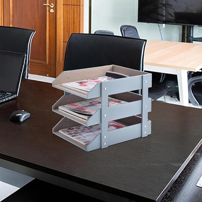 Leather Desk Organize Holder3-Layer Stackable Letter TrayUsed to Store documentsFoldersStationeryMagazinesPaperand Other Home Office SuppliesDesk File Rack (Grey)