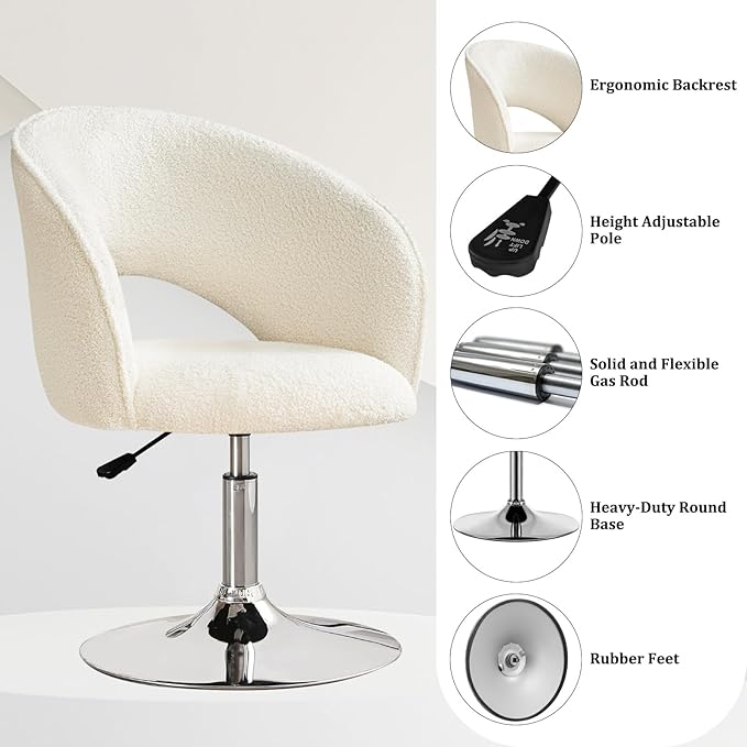 Furniliving White Makeup Vanity Chair Height Adjustable Swivel Chairs with Sherpa Accent for Living Room &amp Lounge