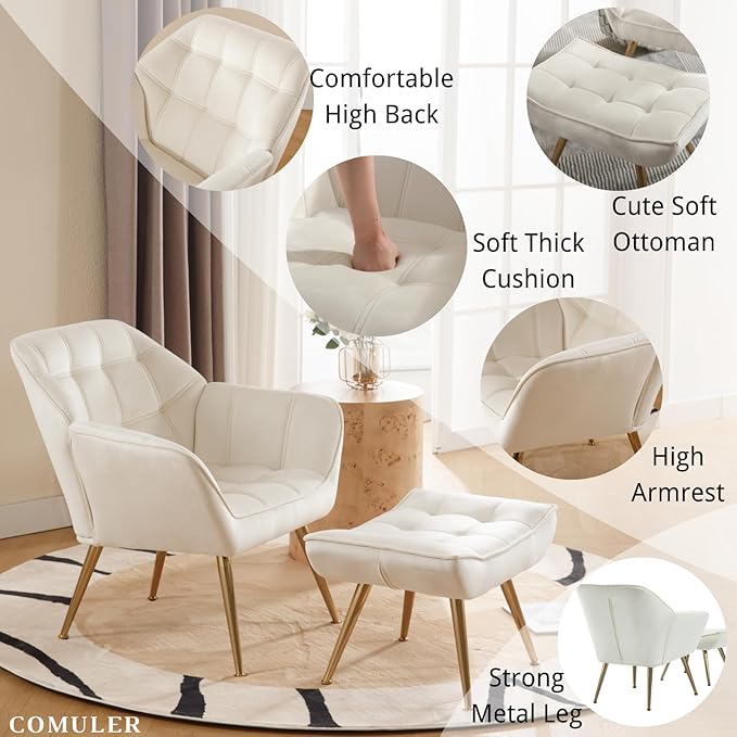 Beige Velvet Accent Chair with Ottoman Modern Reading Chair with Ottoman Set Comfy Fuzzy Armchair Living Room Chair Lounge Chairs with Metal Legs for Small Spaces Bedroom Apartment