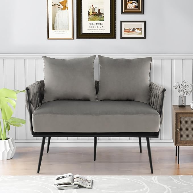 KOMFOTT 43” Loveseat Sofa Modern Upholstered 2-Seat Sofa with 2 Back Pillows Woven Backrest &amp Armrest Mid Century Modern Dutch Velvet Sofa for Living Room Bedroom Apartment (Gray)