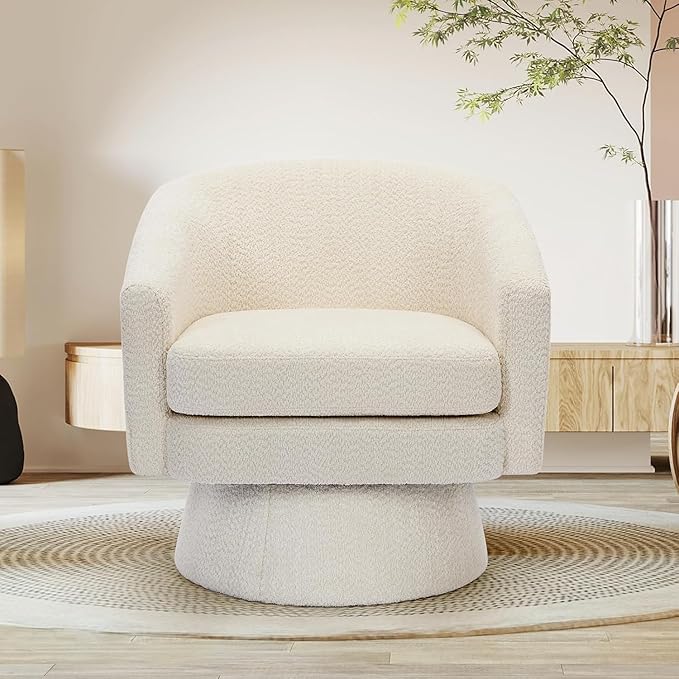 Modern Swivel Accent Chair 360° Barrel Chair with Armrests Comfy Upholstered Round Armchair Single Sofa for Living Room Bedroom or Office Beige