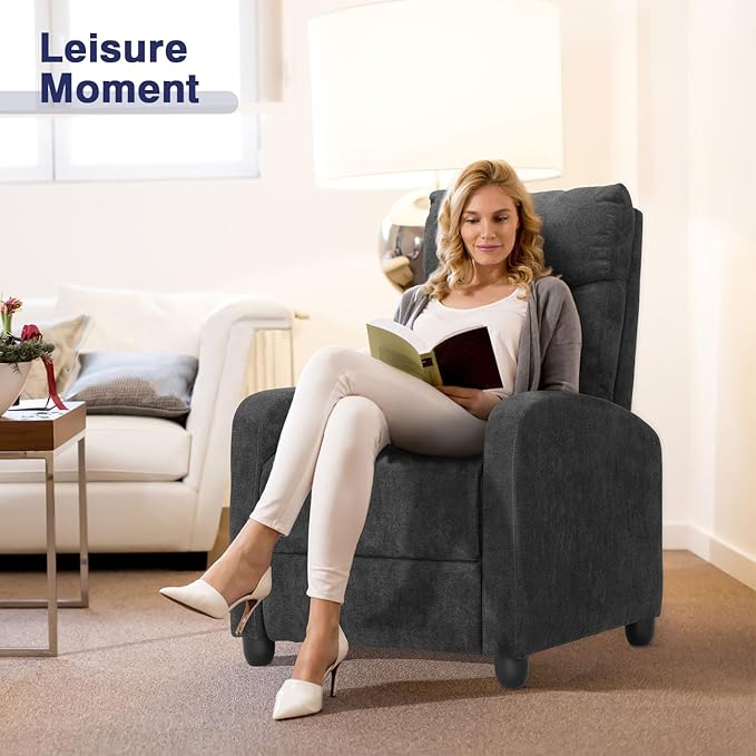 Compact Reclining Chair Linen Upholstered Single Recliner Sofa Chair with Adjustable Backrest &amp Footrest Ideal for Home Living Room Bedroom Office Black