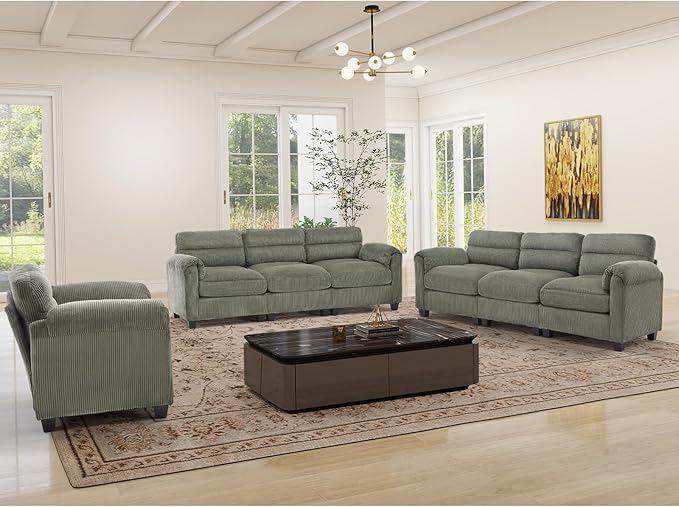 Corduroy Sofa Set Upholstered Armchair and 3-Seater Sofa Sofa Set of 2 with Plush Cushions and Rolled Arms Modern Living Room Furniture SetsBrown