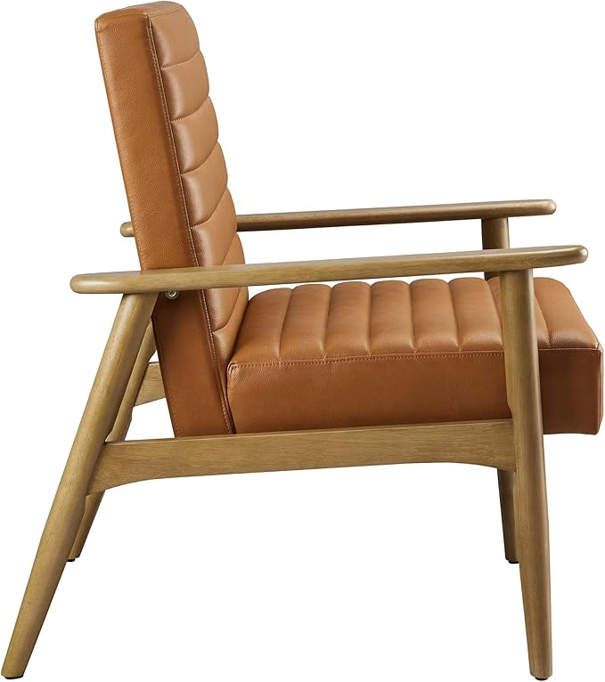 Modway Jensen Vegan Leather Accent Chair in French Oak Tan - Mid-Century Modern Armchair with Solid Wood Legs &amp Armrest - Upholstered Faux Leather Single Side Chair - Reading Chair for Living Room