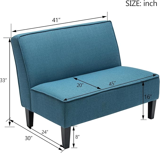 Yongqiang Small Loveseat Mini Sofa Couch Accent Upholstered Bench with Back Living Room Bedroom Office Armless Love Seat Settee Blue