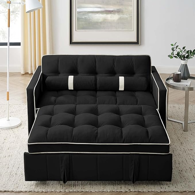 Sleeper Sofa Couch w/Pull Out Bed 55 New Upgraded Tufted Velvet Convertible Sleeper Couch Bed Small Love seat Sofa w/ 2 Pillows for Small Space Living Room Apartment Black