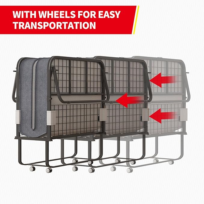 PUREMIND 75 x 38 Folding Bed with 4 Inches Mattress Portable Rollaway Guest Beds for Adults with Metal Frame &amp Swivel Wheels Twin Size Foldable Bed Fold Away Beds Space Saving
